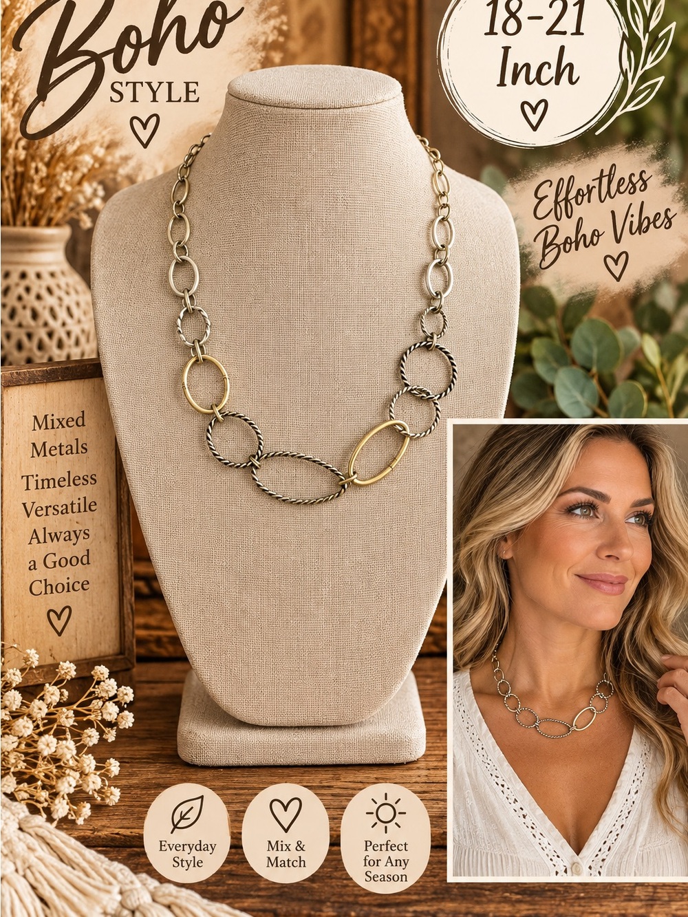 732 Mixed Metal Boho Link Necklace in Gold & Silver